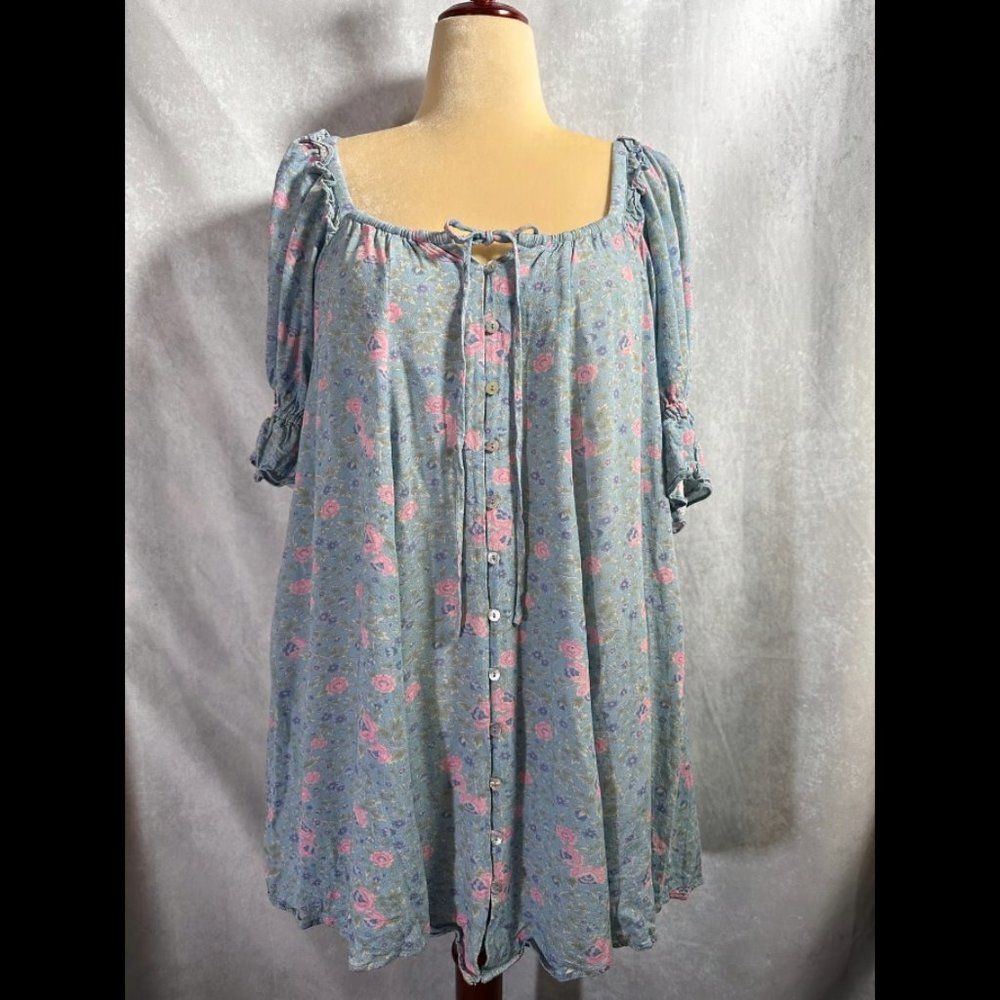 Spell Blue Floral Mini Dress with Pink Accents